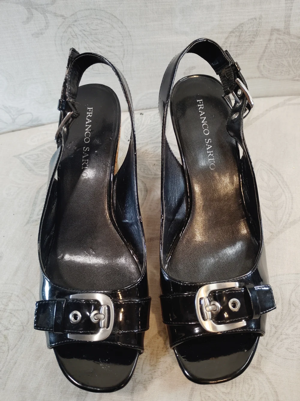 Franco Sarto Black Patent Leather Wedge Slingback Heels